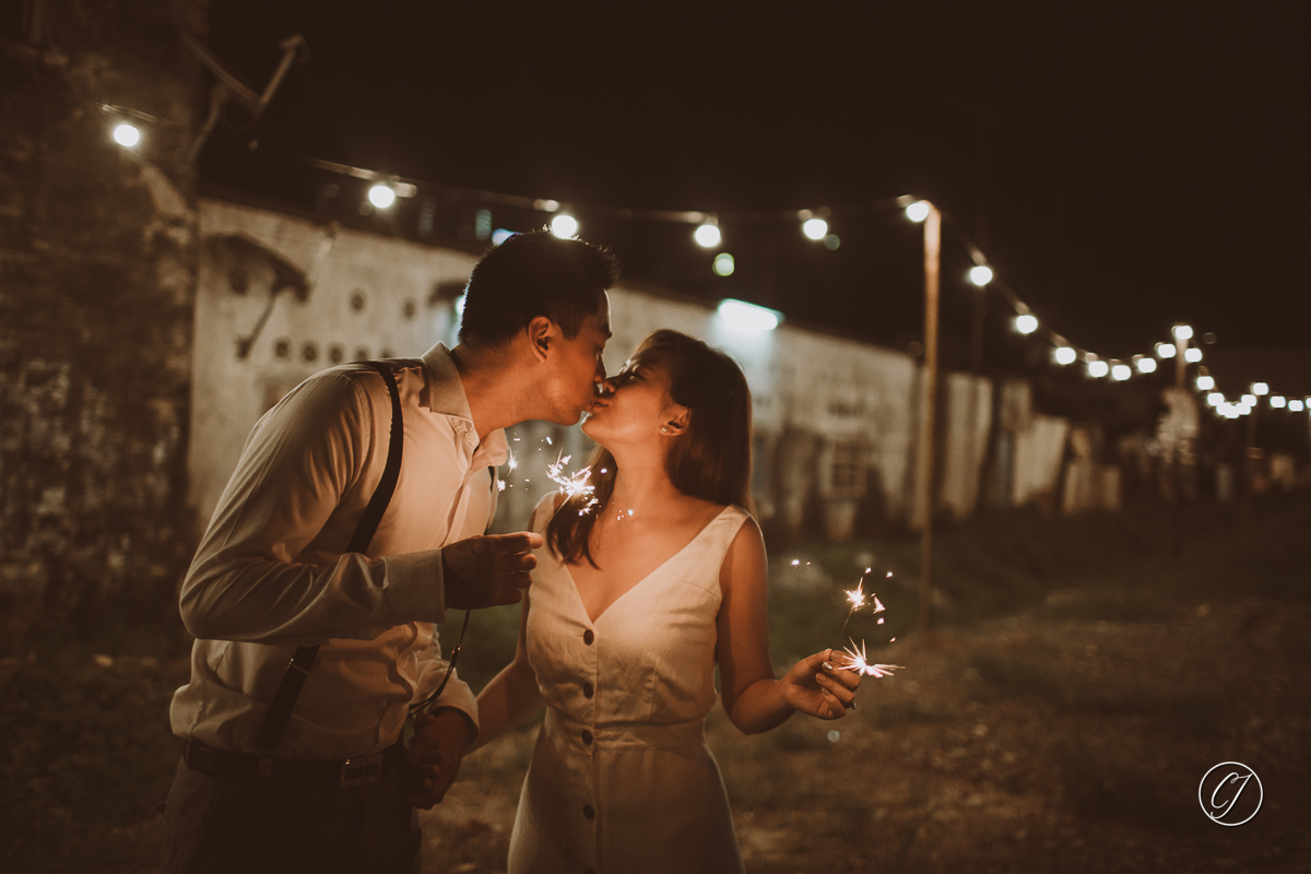 Bing & Angela couple with sparklers portrait