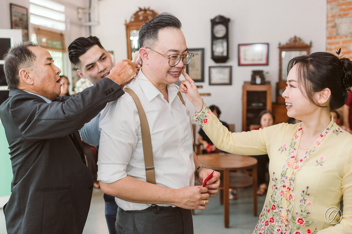 Bride teasing groom